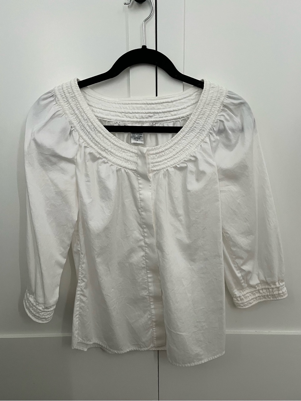 Diane Von Furstenberg White Smocked Scoop Neck Button-Down Blouse